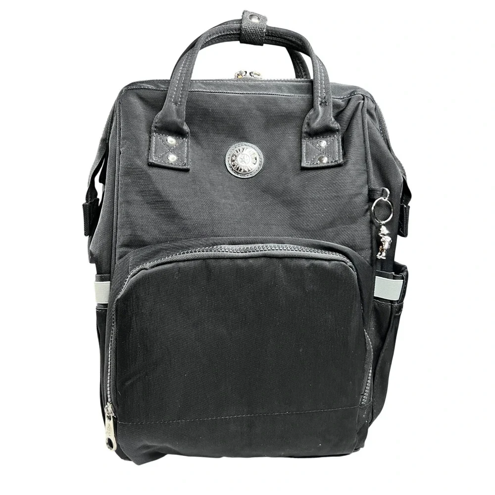 Kipling Audrie Black Nylon Diaper Bag Backpack Doctor Bag Opening w Monkey Charm